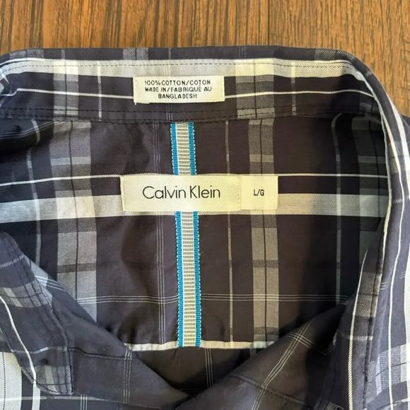 Calvin Klein Western Navy Plaid Button Down 2 Pocket Cotton Mens Shirt Size L - Picture 3 of 3